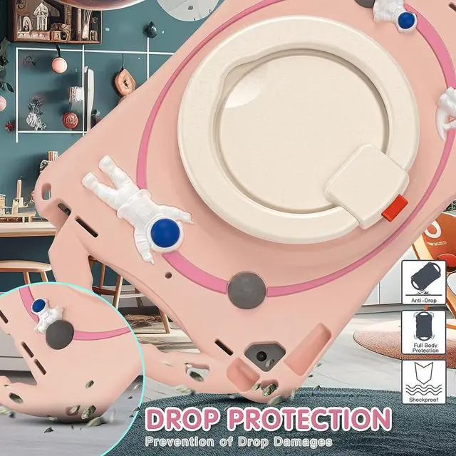 Alt view image 6 of 7 - 3D Cute Astronauts Case for iPad 9th 8th 7th Generation 10.2 Inch,Silicone Kids Girls Spaceman Case with Pencil Holder,Carrying Strap,Handle Grip,Kickstand for iPad Air 3 Gen/iPad Pro 10.5-Pink