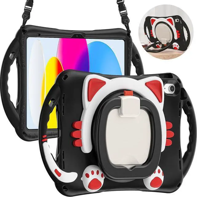 Main image of Cute Cat Case for iPad 10th Generation 10.9 Inch 2022, Silicone Kids Girls Case with Pencil Holder,Carrying Shoulder Strap,Handle Grip,Kickstand for iPad 10th Gen A2696 A2757 A2777-Black Red