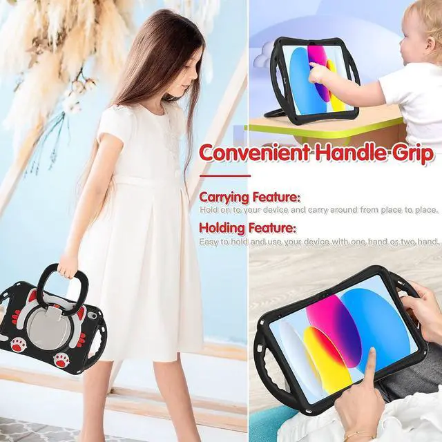 Alt view image 5 of 7 - Cute Cat Case for iPad 10th Generation 10.9 Inch 2022, Silicone Kids Girls Case with Pencil Holder,Carrying Shoulder Strap,Handle Grip,Kickstand for iPad 10th Gen A2696 A2757 A2777-Black Red