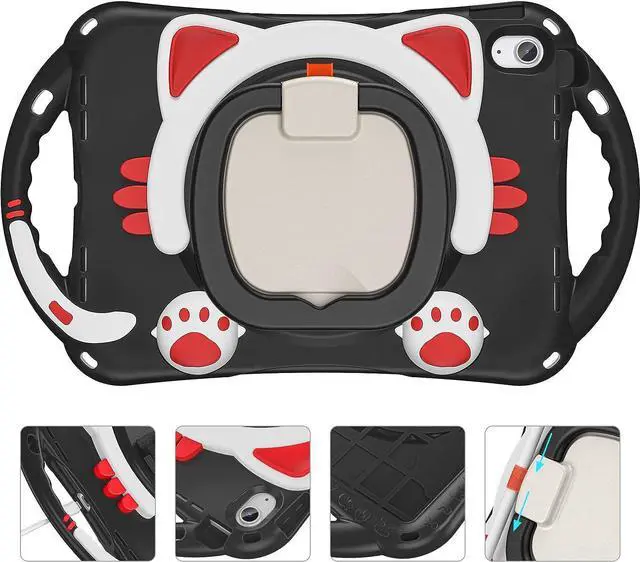 Alt view image 3 of 7 - Cute Cat Case for iPad 10th Generation 10.9 Inch 2022, Silicone Kids Girls Case with Pencil Holder,Carrying Shoulder Strap,Handle Grip,Kickstand for iPad 10th Gen A2696 A2757 A2777-Black Red