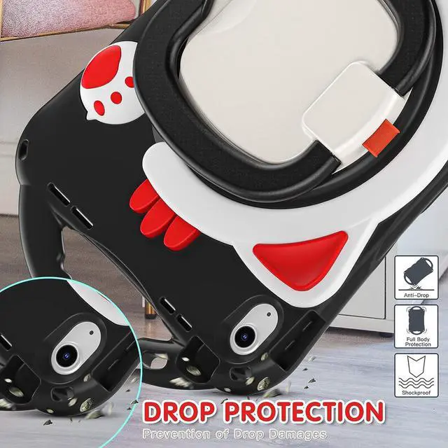 Alt view image 7 of 7 - Cute Cat Case for iPad 10th Generation 10.9 Inch 2022, Silicone Kids Girls Case with Pencil Holder,Carrying Shoulder Strap,Handle Grip,Kickstand for iPad 10th Gen A2696 A2757 A2777-Black Red