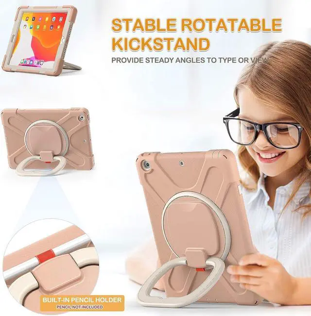 Alt view image 3 of 7 - iPad 9th/8th/7th Gen Case,Protective Kids Silicone Case with Shoulder Strap, Handle Grip, Stand, Built-in Screen Protector, Pencil Holder for iPad 10.2 9/8/7 Generation 2021/2020/2019-Rose Gold