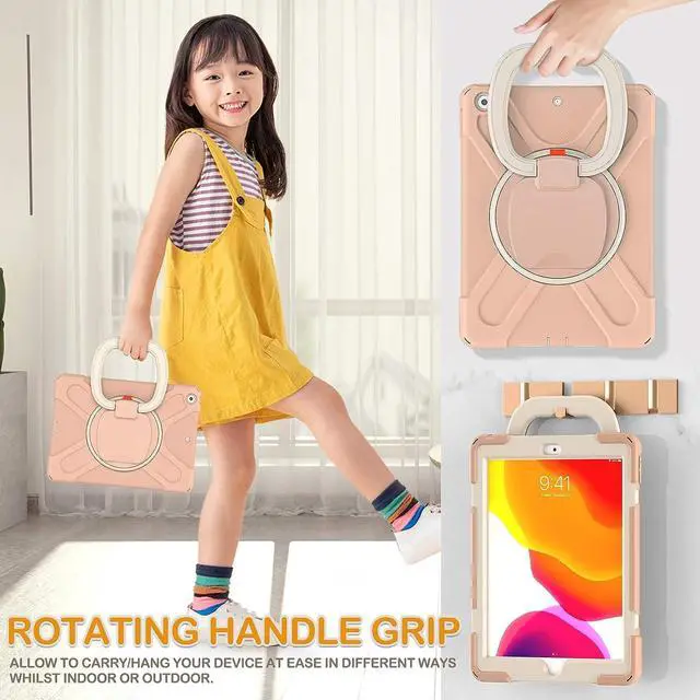 Alt view image 4 of 7 - iPad 9th/8th/7th Gen Case,Protective Kids Silicone Case with Shoulder Strap, Handle Grip, Stand, Built-in Screen Protector, Pencil Holder for iPad 10.2 9/8/7 Generation 2021/2020/2019-Rose Gold