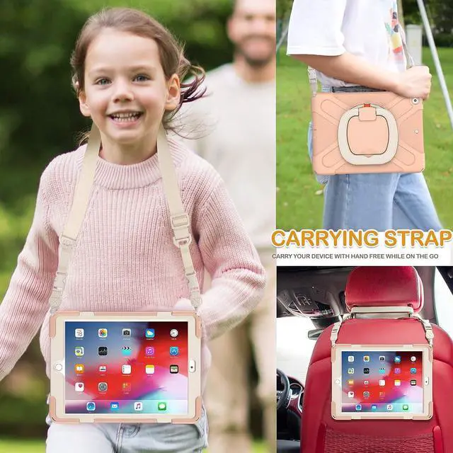 Alt view image 5 of 7 - iPad 9th/8th/7th Gen Case,Protective Kids Silicone Case with Shoulder Strap, Handle Grip, Stand, Built-in Screen Protector, Pencil Holder for iPad 10.2 9/8/7 Generation 2021/2020/2019-Rose Gold