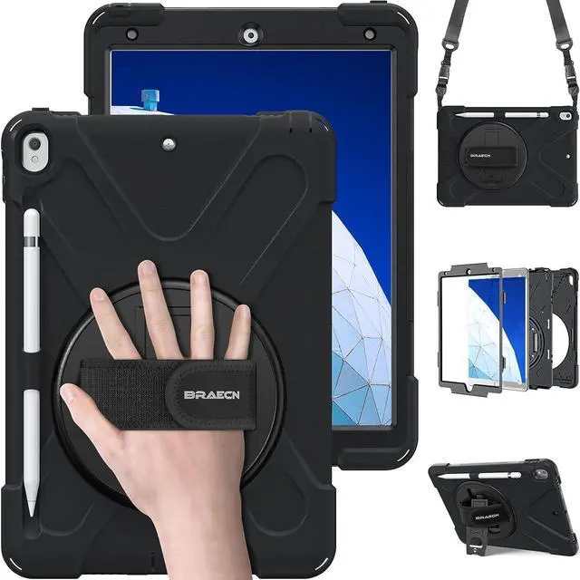Main image of iPad Air 3 10.5 Case 2019,iPad Pro 10.5 Case 2017- Heavy Duty Shockproof Case Cover with Pencil Holder,Rotating Stand/Hand Strap,Carrying Shoulder Strap Fit iPad Air 3rd Gen case 10.5 -Black