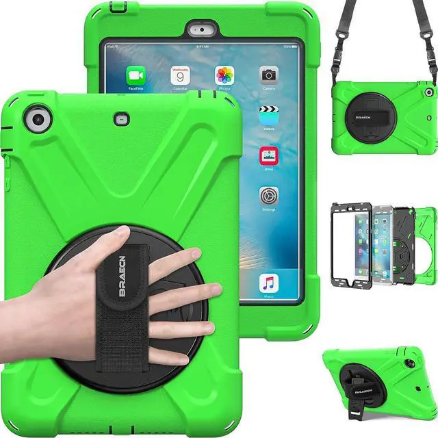 Main image of iPad Mini 1 Case iPad Mini 2 Case iPad Mini 3 Case, Rotating Kickstand/Hand Grip/Adjustable Shoulder Strap Heavy Duty Rugged Kids Cover Case for iPad Mini 1st/2nd/3rd Gen-Green