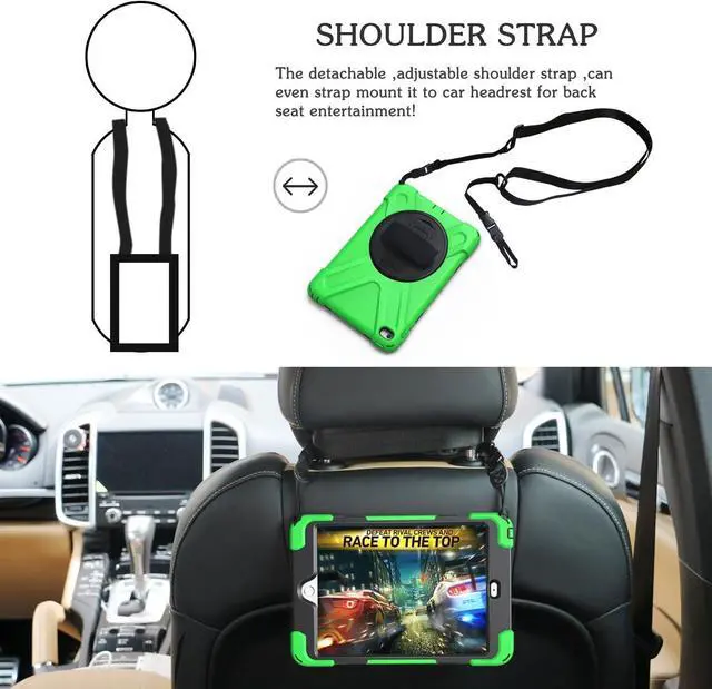 Alt view image 3 of 7 - iPad Mini4 Shockproof Case,iPad Mini 5 Case,Three Layer Drop Protection Rugged Protective Heavy Duty Case with 360 Degree Swivel Stand/Hand Strap/Shoulder Strap Fit iPad Mini 4/5 Case(Green)