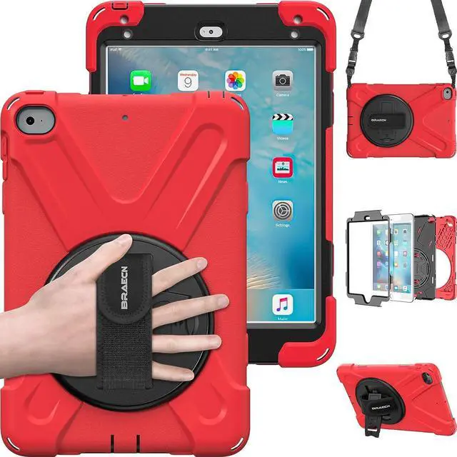 Main image of Case for iPad Mini 4& iPad Mini 5 with 360 Degree Swivel Stand/Hand Strap/Shoulder Strap for Protective Fit Case for Mini iPad 5- Red