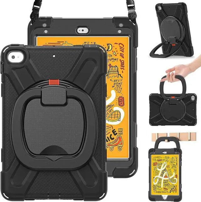Main image of iPad Mini 5 Case 2019, iPad Mini 4 Case, 3-Layer Full-Body Rugged Silicone Case with 360°Rotatable Stand/Hand Grip/Stable Kickstand/Pencil Holder for iPad Mini 5th/4th Gen 7.9 Inch Tablet-Black