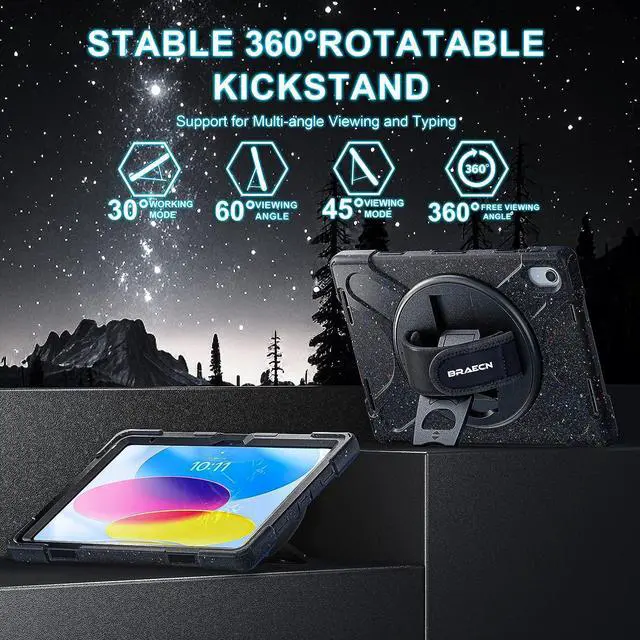 Alt view image 4 of 7 - 10th Generation iPad Case 2022 with 360° Rotating Stand & Hand Strap,Screen Protector, Pen Holder,Shoulder Strap Heavy Duty Rugged Case for iPad 10 Gen 10.9 inch 2022 -Carnival Night (Black)