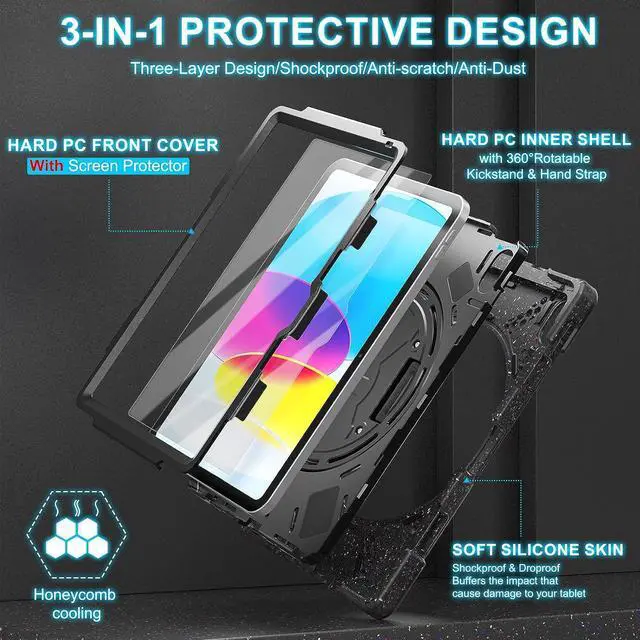 Alt view image 6 of 7 - 10th Generation iPad Case 2022 with 360° Rotating Stand & Hand Strap,Screen Protector, Pen Holder,Shoulder Strap Heavy Duty Rugged Case for iPad 10 Gen 10.9 inch 2022 -Carnival Night (Black)