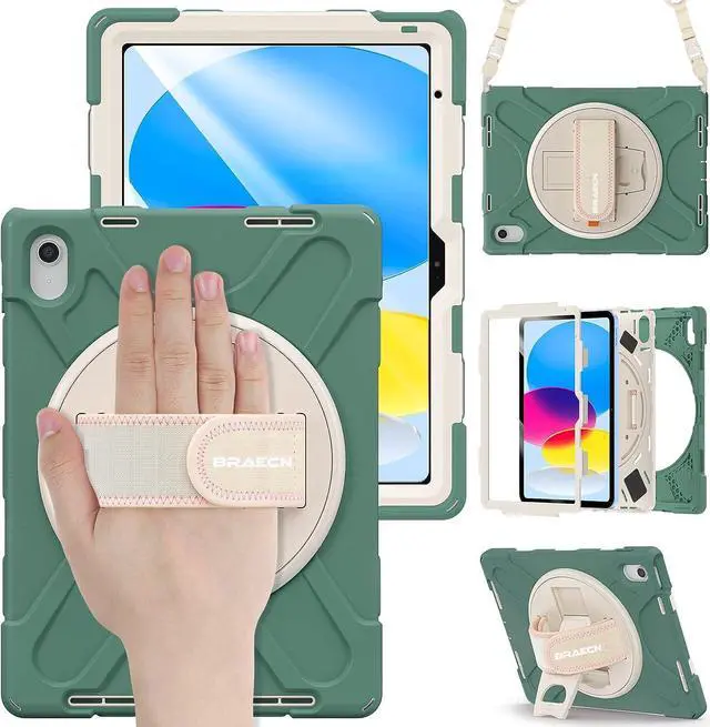 Main image of iPad Case 10.9 Inch 10 Gen 2022, Three Layer Protective Kids Friendly Case with Shoulder Strap Hand Strap Stand Screen Protector Pencil Holder Pencil Cap Holder-Emerald Green
