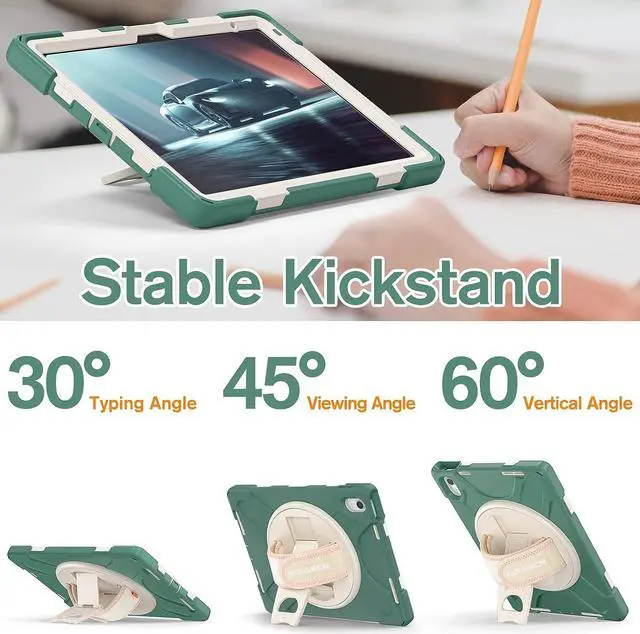 Alt view image 2 of 7 - iPad Case 10.9 Inch 10 Gen 2022, Three Layer Protective Kids Friendly Case with Shoulder Strap Hand Strap Stand Screen Protector Pencil Holder Pencil Cap Holder-Emerald Green
