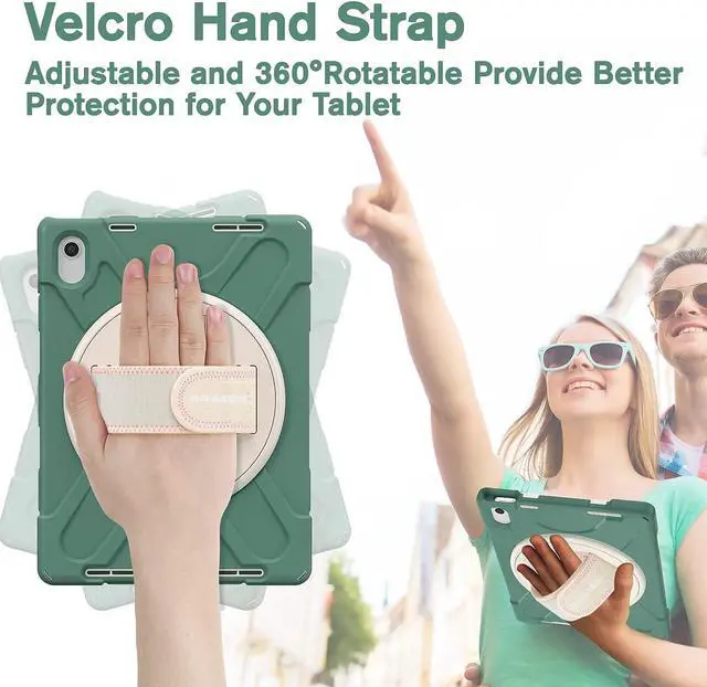 Alt view image 3 of 7 - iPad Case 10.9 Inch 10 Gen 2022, Three Layer Protective Kids Friendly Case with Shoulder Strap Hand Strap Stand Screen Protector Pencil Holder Pencil Cap Holder-Emerald Green