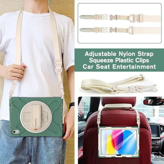 Alt view image 4 of 7 - iPad Case 10.9 Inch 10 Gen 2022, Three Layer Protective Kids Friendly Case with Shoulder Strap Hand Strap Stand Screen Protector Pencil Holder Pencil Cap Holder-Emerald Green