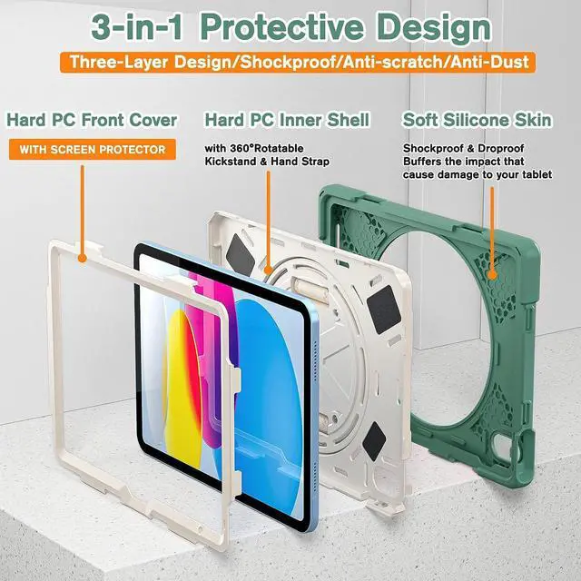 Alt view image 5 of 7 - iPad Case 10.9 Inch 10 Gen 2022, Three Layer Protective Kids Friendly Case with Shoulder Strap Hand Strap Stand Screen Protector Pencil Holder Pencil Cap Holder-Emerald Green