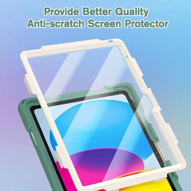 Alt view image 7 of 7 - iPad Case 10.9 Inch 10 Gen 2022, Three Layer Protective Kids Friendly Case with Shoulder Strap Hand Strap Stand Screen Protector Pencil Holder Pencil Cap Holder-Emerald Green