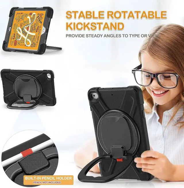 Alt view image 3 of 6 - iPad Mini 5 Case 2019, iPad Mini 4 Case, 3-Layer Full-Body Rugged Silicone Case with 360°Rotatable Stand/Hand Grip/Stable Kickstand/Pencil Holder for iPad Mini 5th/4th Gen 7.9 Inch Tablet-Black