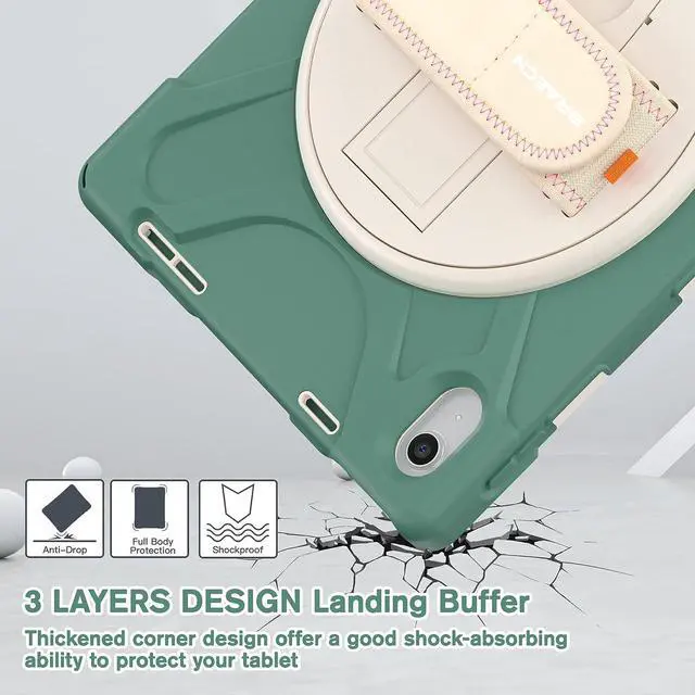 Alt view image 6 of 7 - iPad Case 10.9 Inch 10 Gen 2022, Three Layer Protective Kids Friendly Case with Shoulder Strap Hand Strap Stand Screen Protector Pencil Holder Pencil Cap Holder-Emerald Green