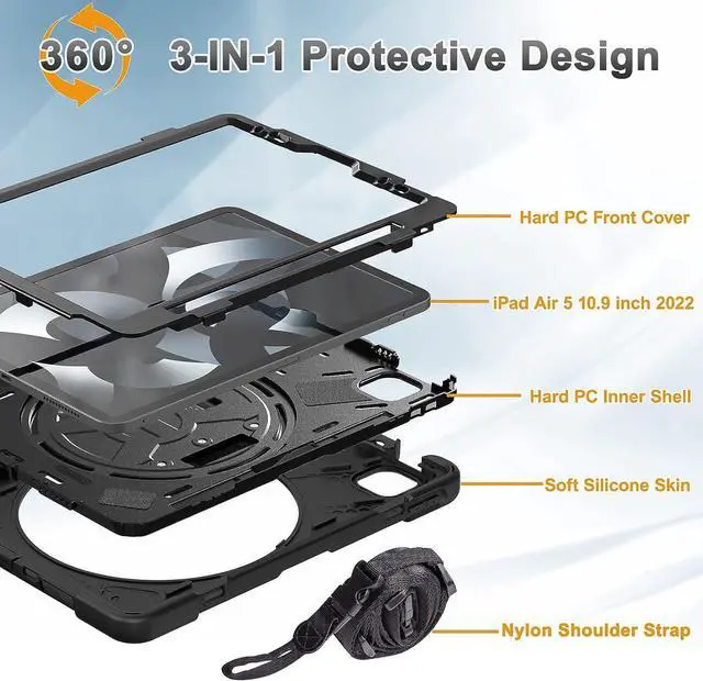 Alt view image 6 of 7 - iPad Air 5th/4th Generation Case 2022/2020 10.9 Inch,iPad Pro 11 Inch Case,Shockproof Durable Silicone Case with Pencil Holder, 360 Rotating Hand Strap&Kickstand for iPad Air 10.9 Case -Black