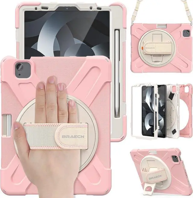 Main image of iPad Air 5th/4th Generation Case 10.9 Inch (2022/2020),Shockproof Durable Kids Case with Pencil Holder&Rotatable Hand Strap&Kickstand for iPad Pro 11 Inch Case 4th Gen -Cherry Blossoms Pink