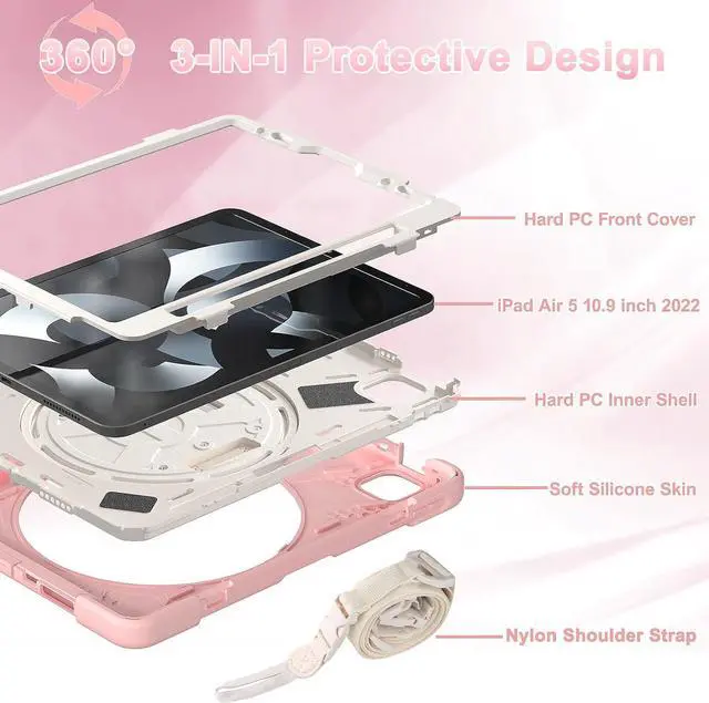 Alt view image 6 of 7 - iPad Air 5th/4th Generation Case 10.9 Inch (2022/2020),Shockproof Durable Kids Case with Pencil Holder&Rotatable Hand Strap&Kickstand for iPad Pro 11 Inch Case 4th Gen -Cherry Blossoms Pink