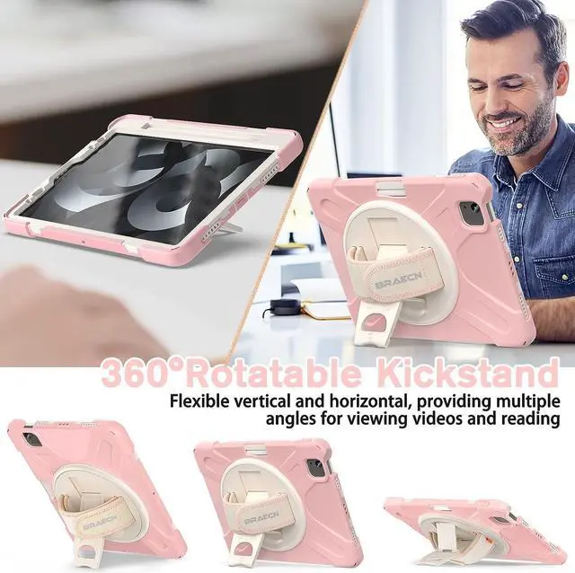 Alt view image 4 of 7 - iPad Air 5th/4th Generation Case 10.9 Inch (2022/2020),Shockproof Durable Kids Case with Pencil Holder&Rotatable Hand Strap&Kickstand for iPad Pro 11 Inch Case 4th Gen -Cherry Blossoms Pink