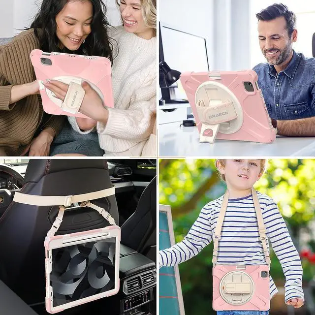 Alt view image 5 of 7 - iPad Air 5th/4th Generation Case 10.9 Inch (2022/2020),Shockproof Durable Kids Case with Pencil Holder&Rotatable Hand Strap&Kickstand for iPad Pro 11 Inch Case 4th Gen -Cherry Blossoms Pink