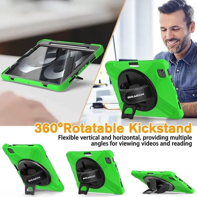 Alt view image 4 of 7 - Case for iPad Air 5/4th Generation(2022/2020),iPad Air 10.9 Inch Case for Kids,Shockproof Durable Silicone Case with 360 Rotating Kickstand&Handstrap,Pencil Holder,iPad Pro 11 Inch Case-Green