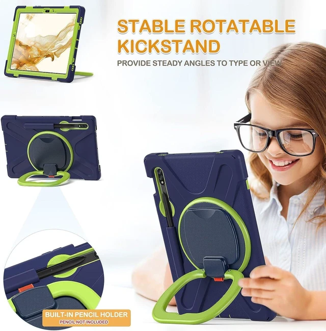 Alt view image 3 of 7 - Case for SAM-SUNG Galaxy Tab S9/S8/S7 11 Inch 2023 SM-X710/X700/T870, Heavy Duty Silicone Case with S Pen Holder/Rotating Handle Grip/Folding Stand/Shoulder Strap/Stable Kickstand, Navy Green