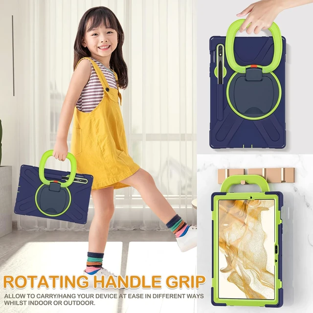 Alt view image 4 of 7 - Case for SAM-SUNG Galaxy Tab S9/S8/S7 11 Inch 2023 SM-X710/X700/T870, Heavy Duty Silicone Case with S Pen Holder/Rotating Handle Grip/Folding Stand/Shoulder Strap/Stable Kickstand, Navy Green