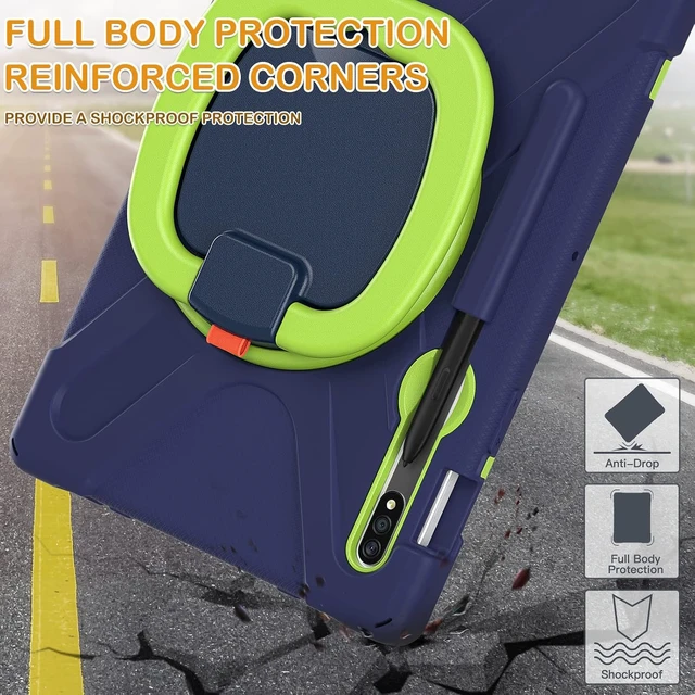 Alt view image 6 of 7 - Case for SAM-SUNG Galaxy Tab S9/S8/S7 11 Inch 2023 SM-X710/X700/T870, Heavy Duty Silicone Case with S Pen Holder/Rotating Handle Grip/Folding Stand/Shoulder Strap/Stable Kickstand, Navy Green