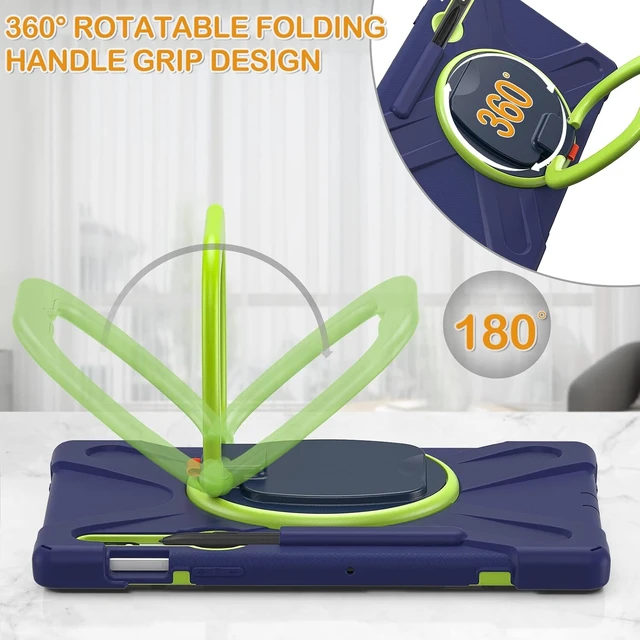 Alt view image 7 of 7 - Case for SAM-SUNG Galaxy Tab S9/S8/S7 11 Inch 2023 SM-X710/X700/T870, Heavy Duty Silicone Case with S Pen Holder/Rotating Handle Grip/Folding Stand/Shoulder Strap/Stable Kickstand, Navy Green