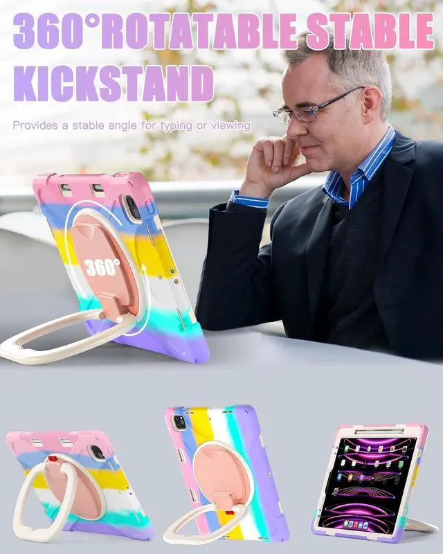 Alt view image 3 of 7 - iPad Pro 12.9 Case 6th/5th/4th/3rd Generation 2022/2021/2020/2018, Heavy Duty Protection Silicone Case with 360°Swivel Ring Stand/Stable Kickstand/Shoulder Strap/Pencil Holder, Colorful Pink
