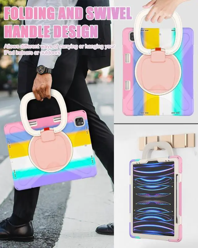 Alt view image 4 of 7 - iPad Pro 12.9 Case 6th/5th/4th/3rd Generation 2022/2021/2020/2018, Heavy Duty Protection Silicone Case with 360°Swivel Ring Stand/Stable Kickstand/Shoulder Strap/Pencil Holder, Colorful Pink