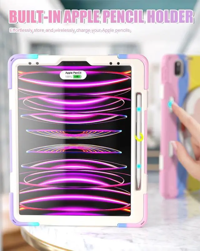 Alt view image 7 of 7 - iPad Pro 12.9 Case 6th/5th/4th/3rd Generation 2022/2021/2020/2018, Heavy Duty Protection Silicone Case with 360°Swivel Ring Stand/Stable Kickstand/Shoulder Strap/Pencil Holder, Colorful Pink