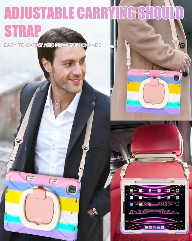 Alt view image 5 of 7 - iPad Pro 12.9 Case 6th/5th/4th/3rd Generation 2022/2021/2020/2018, Heavy Duty Protection Silicone Case with 360°Swivel Ring Stand/Stable Kickstand/Shoulder Strap/Pencil Holder, Colorful Pink