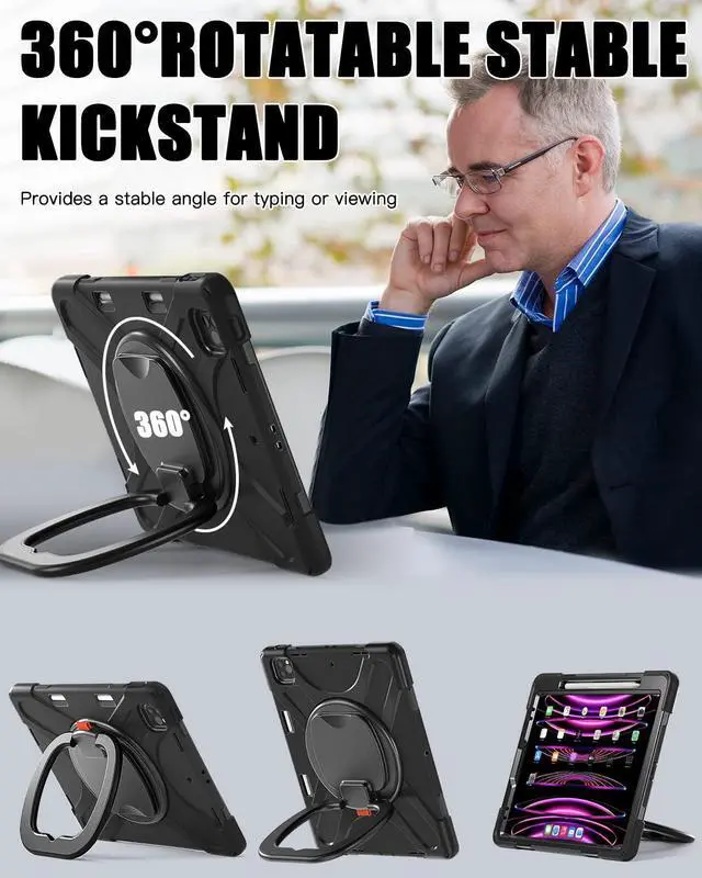 Alt view image 3 of 7 - iPad Pro 12.9 2022/2021/2020/2018 Case, Rugged iPad Pro 12.9 6th/5th/4th/3rd Generation Case with Kickstand/Swivel Handle Grip/Shoulder Strap/Wireless Apple Pencil Charging Pencil Holder, Black