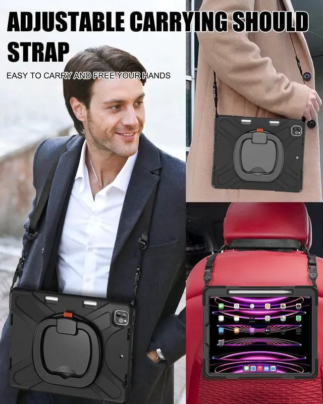 Alt view image 5 of 7 - iPad Pro 12.9 2022/2021/2020/2018 Case, Rugged iPad Pro 12.9 6th/5th/4th/3rd Generation Case with Kickstand/Swivel Handle Grip/Shoulder Strap/Wireless Apple Pencil Charging Pencil Holder, Black