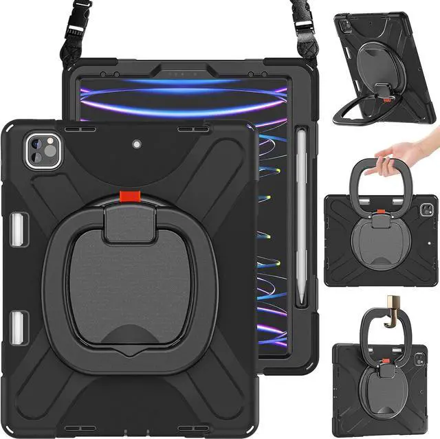 Main image of iPad Pro 12.9 2022/2021/2020/2018 Case, Rugged iPad Pro 12.9 6th/5th/4th/3rd Generation Case with Kickstand/Swivel Handle Grip/Shoulder Strap/Wireless Apple Pencil Charging Pencil Holder, Black