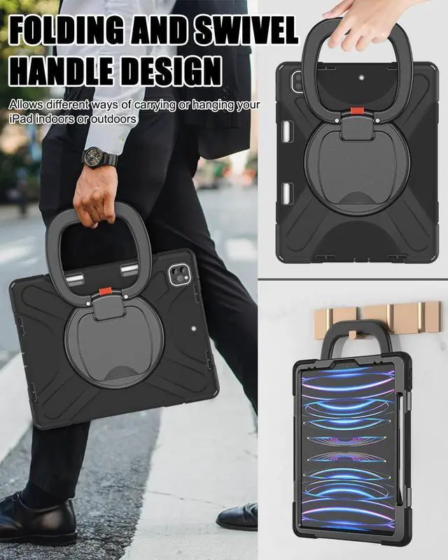 Alt view image 4 of 7 - iPad Pro 12.9 2022/2021/2020/2018 Case, Rugged iPad Pro 12.9 6th/5th/4th/3rd Generation Case with Kickstand/Swivel Handle Grip/Shoulder Strap/Wireless Apple Pencil Charging Pencil Holder, Black
