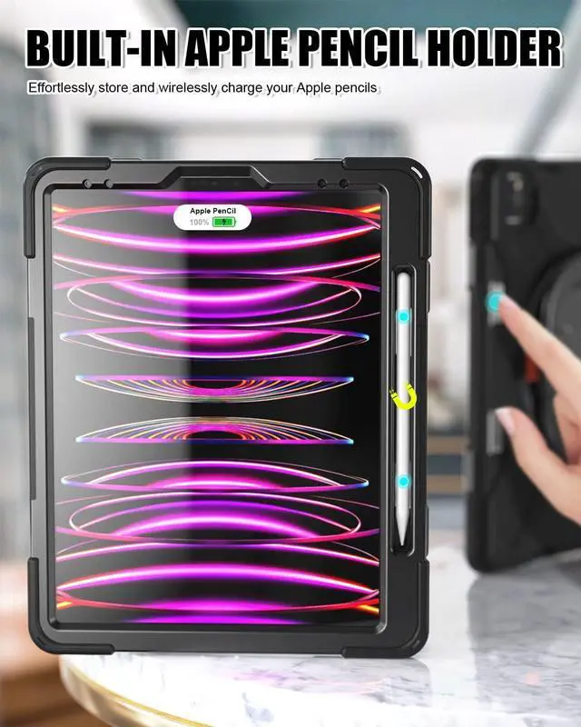 Alt view image 7 of 7 - iPad Pro 12.9 2022/2021/2020/2018 Case, Rugged iPad Pro 12.9 6th/5th/4th/3rd Generation Case with Kickstand/Swivel Handle Grip/Shoulder Strap/Wireless Apple Pencil Charging Pencil Holder, Black