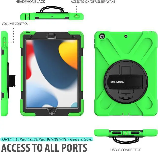 Alt view image 6 of 7 - Case for iPad 10.2 2021/2020/2019, iPad 9th/8th/7th Generation Cases,Three Layer Heavy Duty Protective Kids Case with Screen Protector, Hand Strap,Shoulder Strap,Kickstand for iPad 9/8/7 -Green