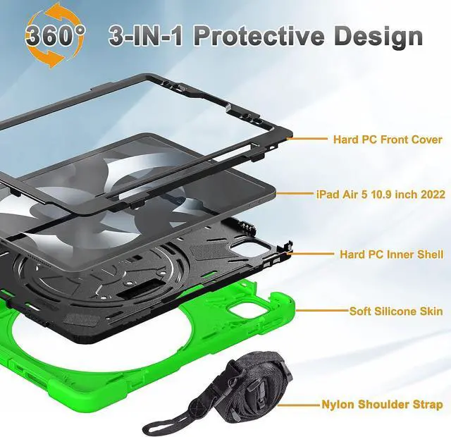 Alt view image 6 of 7 - Case for iPad Air 5/4th Generation(2022/2020),iPad Air 10.9 Inch Case for Kids,Shockproof Durable Silicone Case with 360 Rotating Kickstand&Handstrap,Pencil Holder,iPad Pro 11 Inch Case-Green