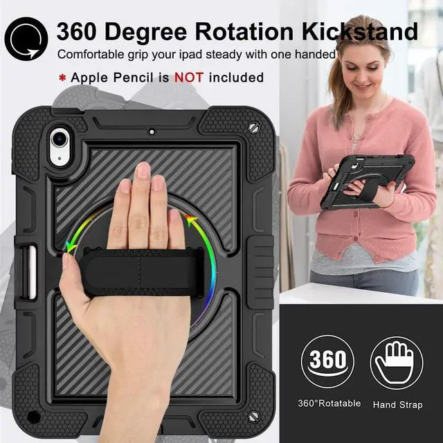Alt view image 3 of 7 - Case for iPad 10th Generation 10.9 Inch 2022, Built-in Pencil Holder Heavy Duty Shockproof Rugged Protective Case with Full Body 360 Rotate Stand Hand Strap Case