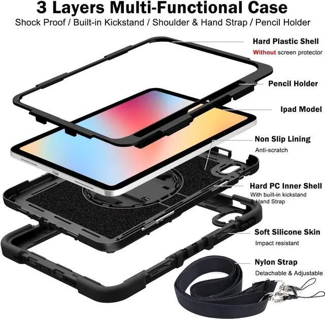Alt view image 4 of 7 - Case for iPad 10th Generation 10.9 Inch 2022, Built-in Pencil Holder Heavy Duty Shockproof Rugged Protective Case with Full Body 360 Rotate Stand Hand Strap Case