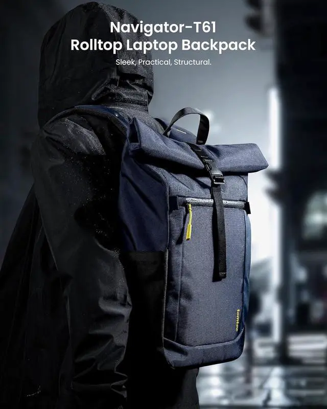 Alt view image 2 of 7 - tomtoc Roll Top Laptop Backpack, Lightweight, Water-Resistant Travel Commute Casual Daypack for 13-16 inch MacBook, Universal 15.6 Laptop, Large Capacity Adjustable 17L-23L, Dark Blue