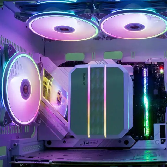 Alt view image 4 of 7 - ALSEYE M90 CPU Cooler, Hidden Fan Designed Dual Tower Air-Cooled CPU Cooler with ARGB Light Effect Cover Compatible with Both Intel and AMD Platform, LGA1700 Supported (M90 White)