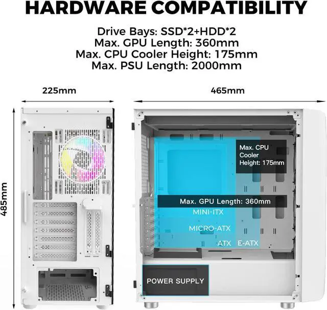 Alt view image 5 of 7 - ALSEYE Ai-Pro White ARGB Mid-Tower E-ATX PC Gaming Case, Pre-Installed a Halo-Pro ARGB Fan, USB 3.0 Type-C Ports Contained