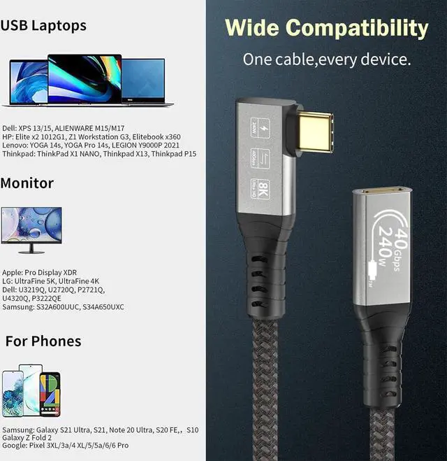 Alt view image 7 of 7 - CableDeconn USB4 8K Cable 0.5M Thunderbolt 4 USB 4 Type-c Male Bend to Female Extension Cable Ultra HD 8K@60Hz 100W Charging 40Gbps Data Transfer Compatible with External SSD eGPU